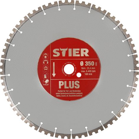 STIER Diamanttrennscheibe Plus, Ø350mm, Bohrung 25,4mm, Beton, Granit, Stein, Pflaster usm., Premium Diamant-Trennscheibe für den beruflichen Dauerereinsatz (1/5)
