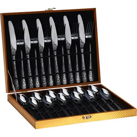 (Ensemble de 24 pièces - noir) Ensemble en acier inoxydable avec motif en relief
