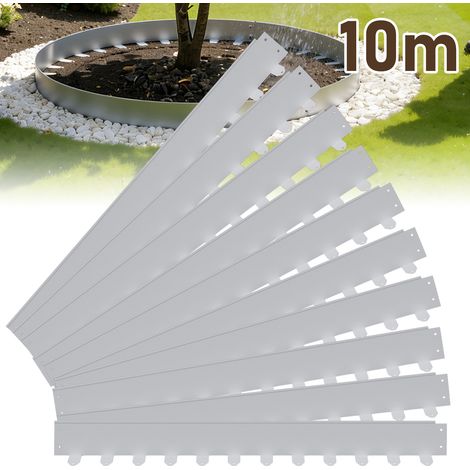 Randaco Bordüre aus flexiblem Stahl für Garten & Rasen - 10 Paneele à 100 cm (10 m Gesamtlänge) - Höhe 5 cm - Farbe Silber - inkl. 120 Erdankern & Befestigungsnägeln