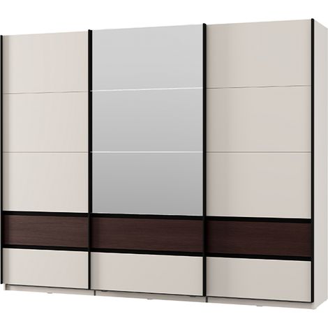 Drei Türen Sapa Kleiderschrank, Schlafzimmer Schrank 3 Einlegeböden, Kleiderstange, Schiebetüren, 267x62 cm Cremeweiß