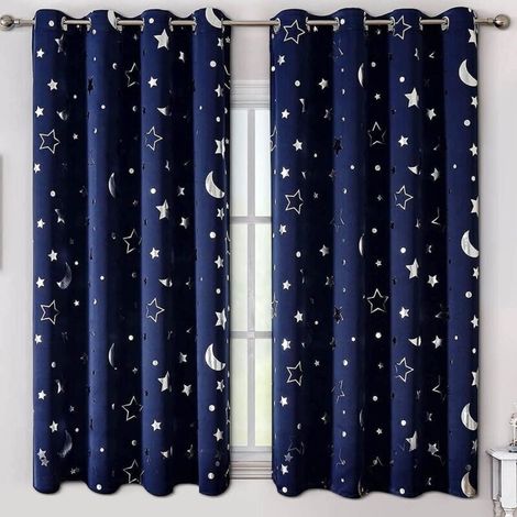 2 rideaux occultants étoiles, 137 cm x 132 cm, œillets antirouille, motif espace, chambre bébé