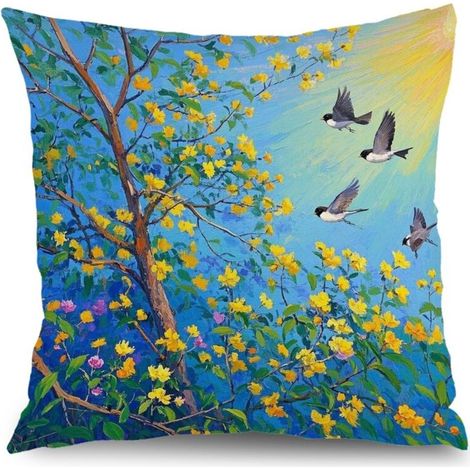 Housse de coussin fleurs bleu rose jaune, décoration canapé intérieur,50×50cm (1/5)