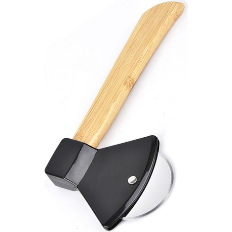 Couteau à pizza en acier 430, manche en bambou PP, forme ergonomique ronde, idéal pour la maison et les restaurants (noir). (1/5)