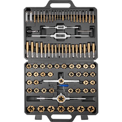 VEVOR Juego de Machos y Terrajas de Roscar 86 Piezas, SAE 4-5/8 pulgadas y Metrico M3 a M12, Rosca Gruesa y Fina, Acero Recubierto de Titanio, Incluye Llave, Calibre, Estuche para Reparación de Roscas (1/5)