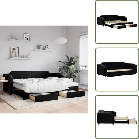 Tagesbett Ausziehbar mit Schubladen Schwarz 90x200 cm Stoff - Schlafcouch - Sofa Bett - Gästebett - Tagesbett - Ausziehbares Bett (1/5)