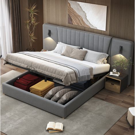 Cama doble tapizada con almacenaje y USB gris OKMYHOME (1/5)