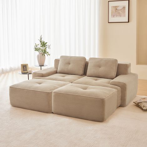 Modulares 2-Sitzer-Cordsofa mit 2 Hockern, rahmenlos, 32D-Elastik, extra tiefe Sitzflächen, 204 x 177 x 69 cm, beige