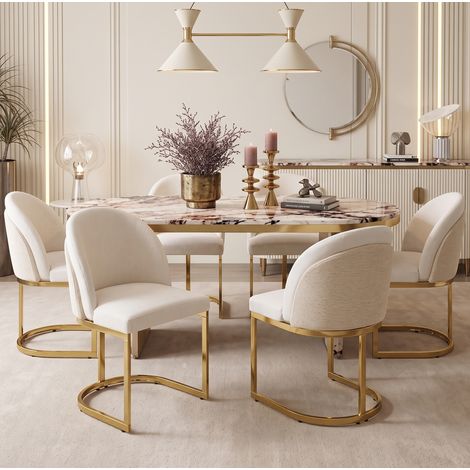 CHICFURN Pack de 6 sillas de comedor 59x52x85 cm chenilla beige y metal dorado (1/5)
