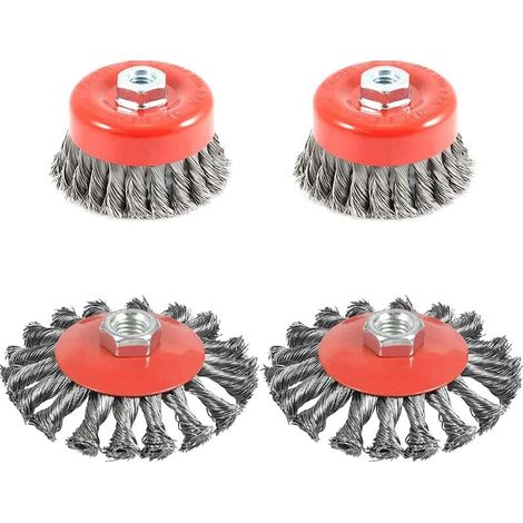 4pcs Brosse Métallique Nettoyage, Brosse Conique pour Meuleuse d'angle, Brosse de Ponçage en acier Torsadé, Diamètre de 75 mm et 100 mm, M14