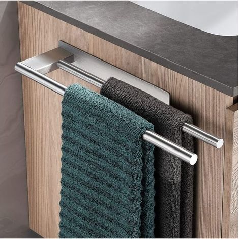 Porte-serviettes auto-adhésif en acier inoxydable, sans perçage, argent mat, porte-serviettes à deux bras, mural pour salle de bain