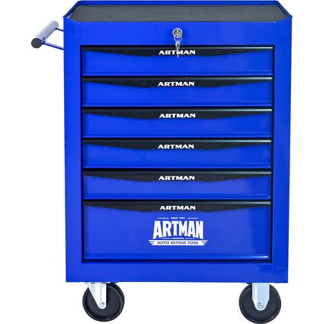 Rollbare Metall-Werkzeugkiste mit 6 Schubladen, Werkzeugschrank mit kugelgelagerten Schienen, Stahl-Werkzeugbox Organizer, Schwarz & Blau
