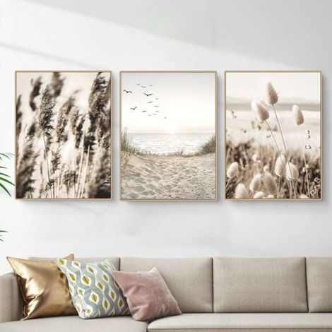 Tableau Décoration Murale 3x (30x42cm)Mindful Beige Beach SANS Cadres - Set de Poster Premium pour la Maison, Bureau, Salon, Chambre, Cuisin