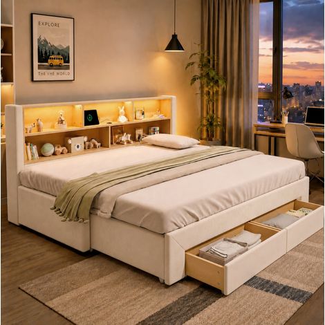 REDOM Daybett 201x194x83 cm, ausziehbar auf 180x200 cm, mit USB und Typ C, mit LED und Schubladen, Samt, Beige (1/5)