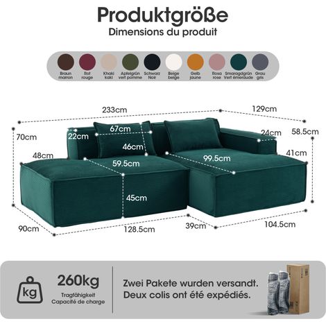 Kompaktes Ecksofa 233x129x70 cm Retro-Grün, 2 Kissen, Polyester, kleine Räume MEUBLIV (1/5)