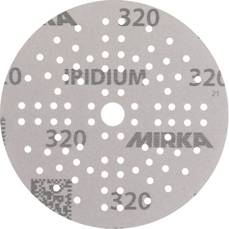 Mirka Iridium Premium carta abrasiva Ø 150 mm a strappo 121 fori, grana 320, 10 pz/Per la levigatura di vernice, stucco, fondo, legno, acciaio, materiali minerali, plastica (1/4)