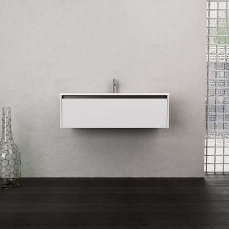 Inda - Badezimmerschrank 1 Schublade B.100 mit mattiertem Waschbecken / Mattweiß - Smeraldo