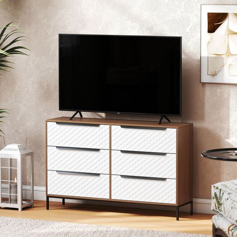 Commode naturel blanc avec 6 tiroirs en tissu, façades à motif losange pour le salon, bureau, loge, et