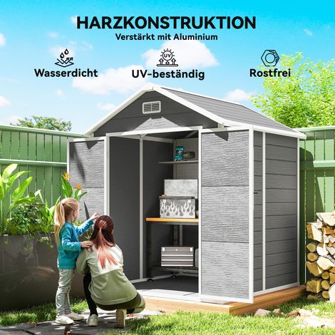Abri de jardin en plastique gris effet bois avec plancher intégré, portes sécurisées, aérations, fenêtres (1/4)