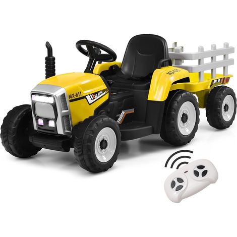 GOPLUS Tracteur Électrique Voiture Enfant avec Remorque,Roue Motrice Arrière et Phare à LED et Musique,Ceinture de Sécurité,Jaune (1/5)