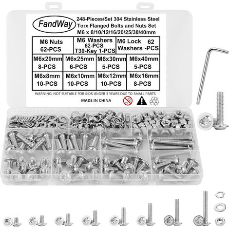 M6 Torx Vis à Tête Bombée avec Bride,248 Pièces Vis à Six Pans Creux en Inox 304,Vis à Métaux Boulon et écrous Rondelles Set,Filetage complet avec Clé T30.Pour Réparation Bricolage. (1/5)