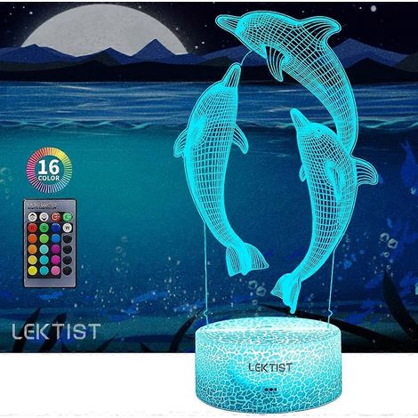 SCSYV 3D-Delfin-Nachtlicht für Kinder, 16-farbige 3D-Illusionslampe mit Fernbedienung, 3D-Delfinlampe fürs Schlafzimmer, Delfin-Geschenk (1/5)