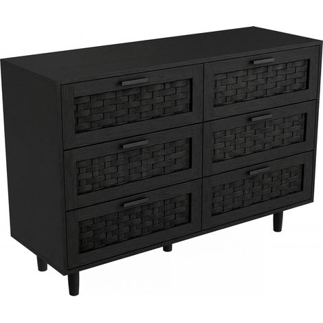 Commode 115x40x80 cm avec 6 tiroirs – Poignées – Structure en bois massif et MDF – Idéale pour rangement chambre ou bureau – noir