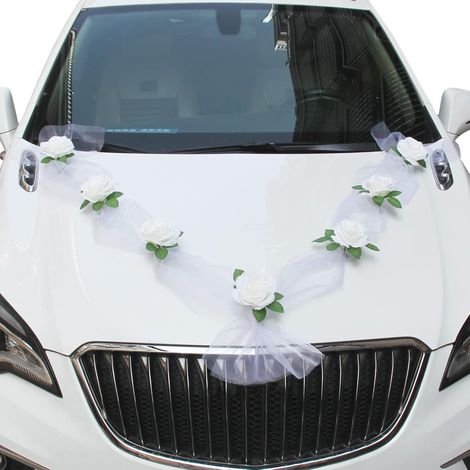 Décoration de voiture de mariage, 2 tulles blancs (longueur 180 cm) (1/4)
