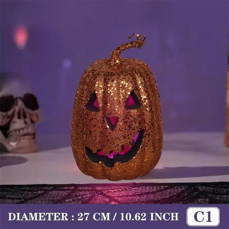 Citrouille lumineuse à paillettes dorées LED, décoration Halloween Jack‑o'‑lantern C1 (1/4)