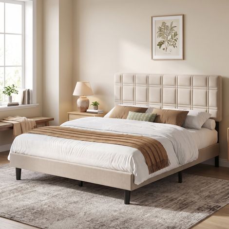 Cadre de Lit avec Sommier et Tête de Lit Réglable 160 x 200 cm Beige Cappuccino (1/5)