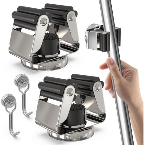 3-H 2 Accroche Balai Magnetique + 2 Mini Crochet Aimanté Puissant,Argenté  Supports Balai Magnétique Acier Inox, Porte Balais Mural Sans Percer pour Garage, Cuisine, Buanderie (1/5)