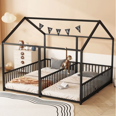 Litera infantil de metal negra 90x200 cm con barandilla, escalera y diseño de casita (1/5)