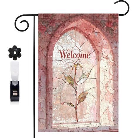 Drapeau vertical arche en brique et fleurs printanières 30 x 45 cm décoration saisonnière extérieure (1/5)