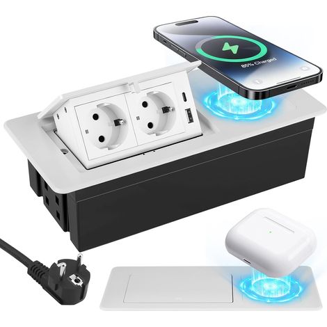 Prise escamotable avec USB, multiprise encastrée avec chargeur sans fil 3 en 1 pour téléphones portables, montres intelligentes et écouteurs, prise encastrée pour cuisine, bureau, table de conférence (1/5)