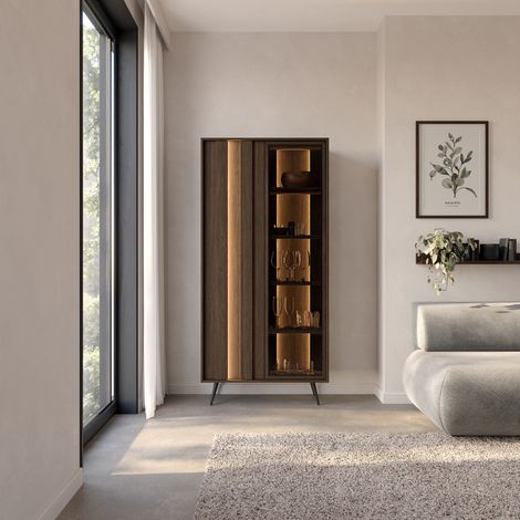 Vitrina Katiso, Mueble Expositor 8 Estantes, 2 Puertas, con LED, 94x40x196h cm Marrón Nogal (1/5)