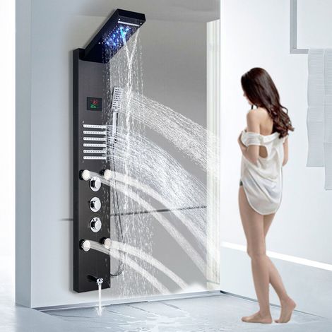 LED Hydromassage Shower Column Mixer 5 Functions Shower Panel Set for Bathroom Stainless Steel System Set with Fixed Shower Head,Massage,Hand Shower and Spout Bathtub,Black (1/5)