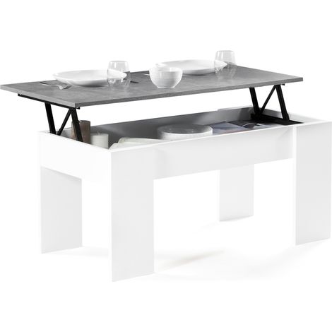 Idmarket – Table basse relevable rectangulaire en bois blanc effet béton – Dimensions 100x50cm – Mécanisme en acier laqué – Rangement intégré sous plateau