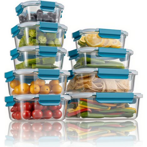 Lot de 18 boîtes de conservation en verre pour aliments (9 récipients, 9 couvercles transparents), passent au lave-vaisselle, au micro-ondes et au congélateur - Anti-fuite, sans BPA (1/5)