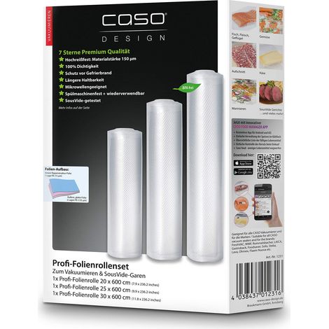 CASO Set di rotoli di pellicola professionale 4/1 pezzo, 20 x 600 cm, 1 pezzo 25 x 600 cm, 1 pezzo 30 x 600 cm, 150 µm, per macchine sottovuoto, senza BPA, molto forti, antistrappo, resistenti alla