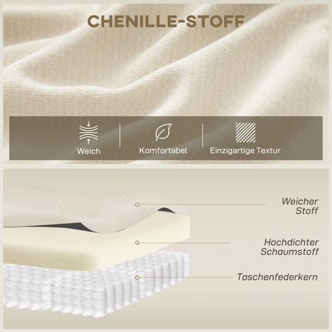 Canapé 3 places blanc crème 260 cm en chenille, assise spacieuse, garniture à ressorts, mousse haute densité, 3 coussins inclus (1/4)