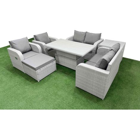Fimous 7 Seater Outdoor Reclining Chair Love Sofa Set Rattan Garden Furniture Set with Adjustable Lifting Dining or Coffee Table Footstool Side Table Light Grey (1/5)
