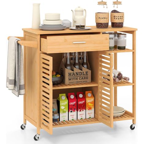 COSTWAY Carrello da Cucina, Mobile da Cucina in Bambù con Ruote Cassetto Ripiani Barra per Asciugamani e Armadio con 2 Porte, Organizzatore per Sala da Pranzo Soggiorno, 104x40x89 cm (1/5)