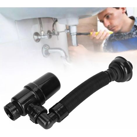 Sifón antiatascos con neutralizador de olores para fregaderos y lavabos – Desagüe decorativo en forma de P – Accesorio flexible para fregadero, 60 cm, plástico negro, 192 g (1/5)
