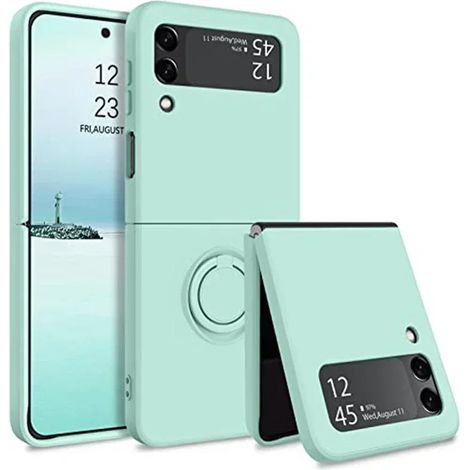 (Vert clair, Galaxy Z Flip4) Étui de protection en silicone liquide, antichoc et antidérapant, support pour anneau, matériau TPU souple. (1/5)