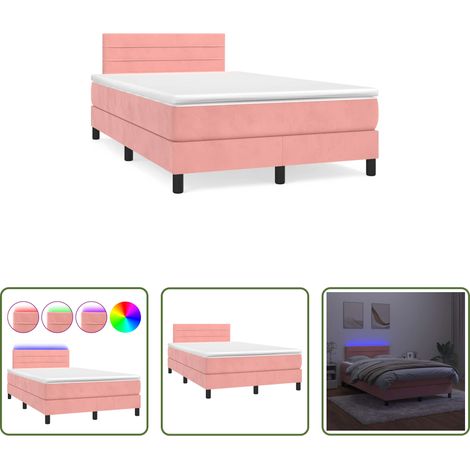 Sommier tapissier - Sommier à lattes de lit et matelas LED rose 120x190 cm velours (1/5)