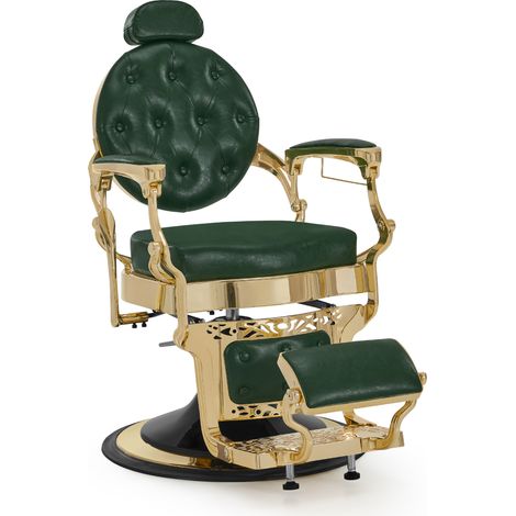 BarberPub Friseurstuhl mit Kopfstütze Kippbar, Friseureinrichtung mit Hydraulikpumpe 360° Drehbar, Höhenverstellbarer Bedienungsstuhl mit Vintage Stil, Kunstleder, 2933GR-F  (Gold-Grün)
