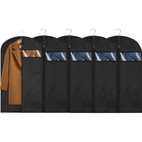 Lot de 5 housses de protection pour vêtements avec fermeture éclair, 60 x 150 cm, sacs de rangement anti-poussière avec fenêtre, pour vestes et costumes, noir (1/5)