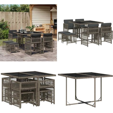 9-tlg. Garten-Essgruppe mit Kissen Grau Poly Rattan - Gartentisch - Gartenmöbel - Essgruppe - Gartenset - Outdoor Möbel - Home & Living (1/5)