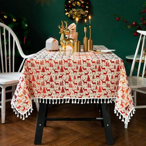 Nappe de Noël à motifs floraux, nappe dorée à pompons, nappe rouge (1/4)