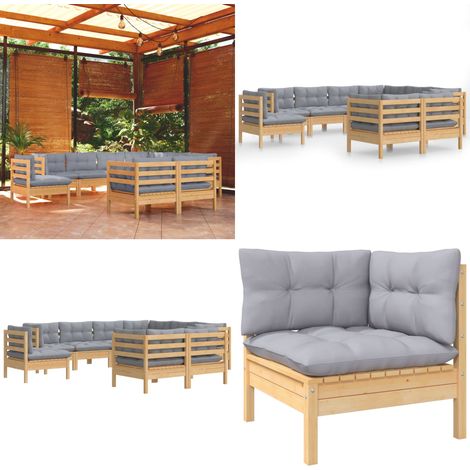 Salon de jardin 9 pcs avec coussins gris bois de pin solide - salon de jardin - salons de jardin - Home & Living (1/5)