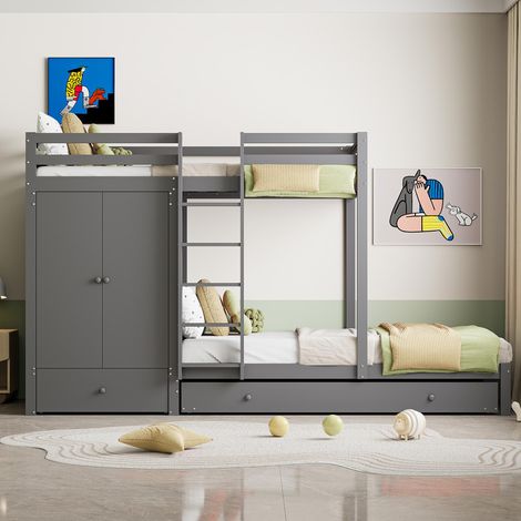 Lit superposé 90x200 cm avec lit gigogne, armoire, tiroirs et étagère, structure en bois massif, gris, sans matelas (1/5)